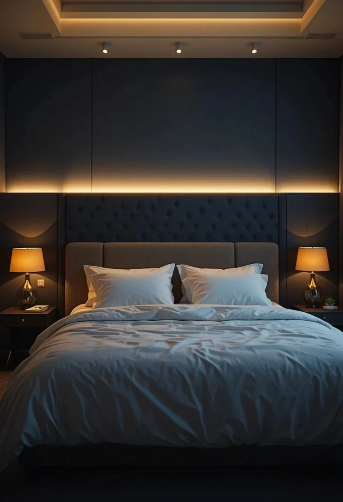 Men bedroom with layered lighting amber lamps and LED strip light behind headboard
