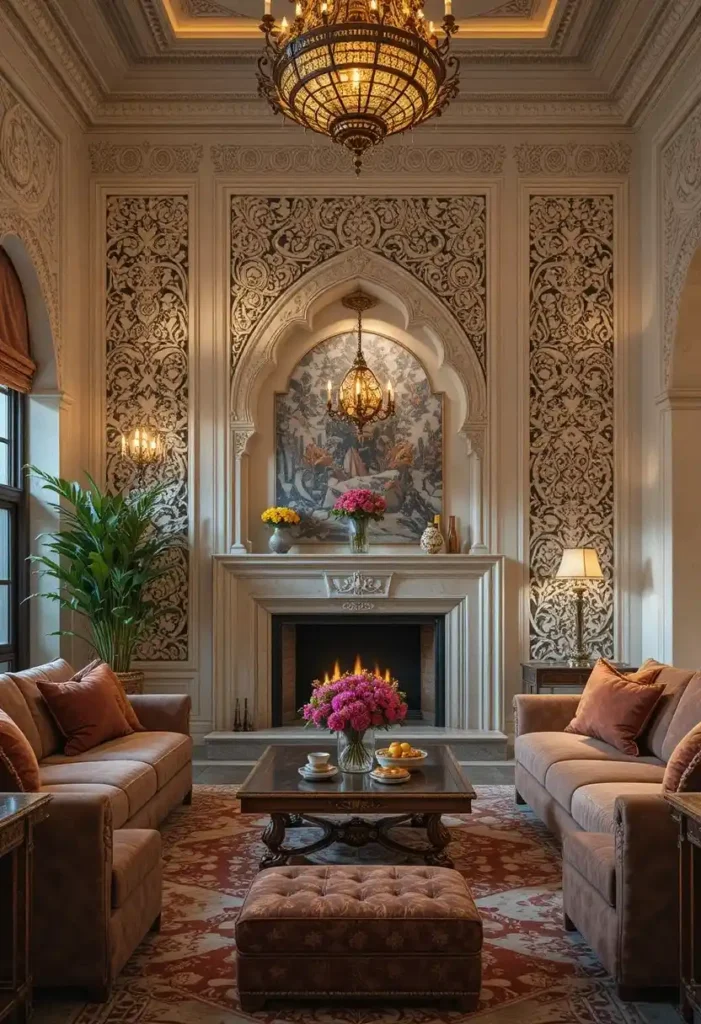 Moroccan carved wall panels adding artistic detail and elegance.
