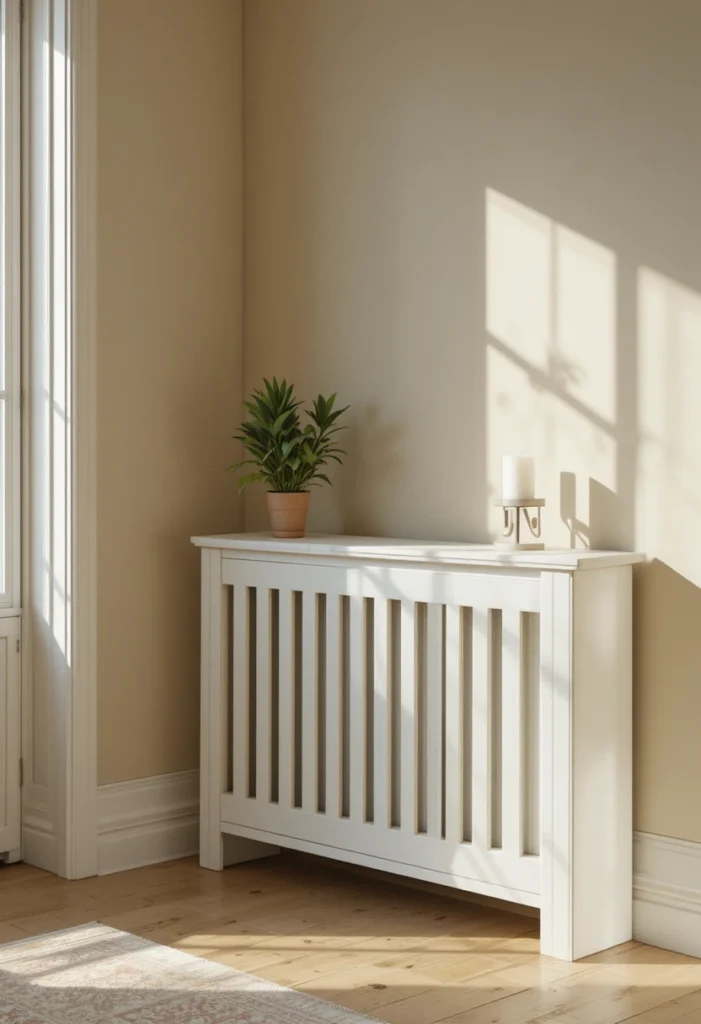Classic white wooden radiator cover with slatted panels and a potted plant on top in a bright living room
