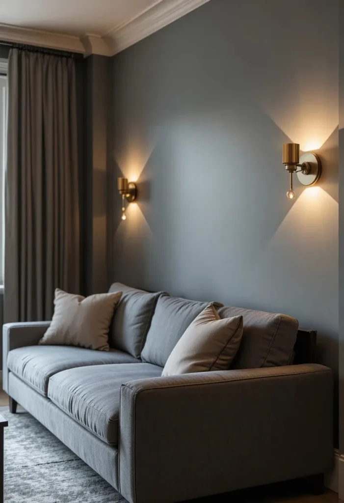 Small apartment living room with warm brass plug-in wall sconces on either side of the sofa freeing up floor and surface space in a tiny living room.
