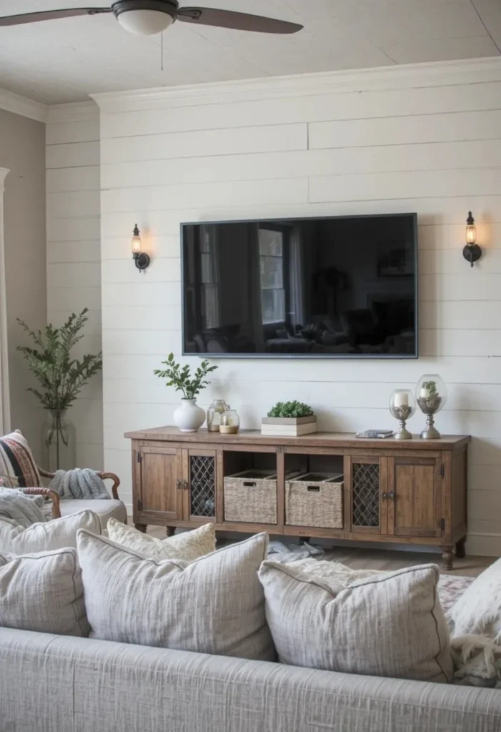 White shiplap accent wall behind TV in a cozy farmhouse style living room