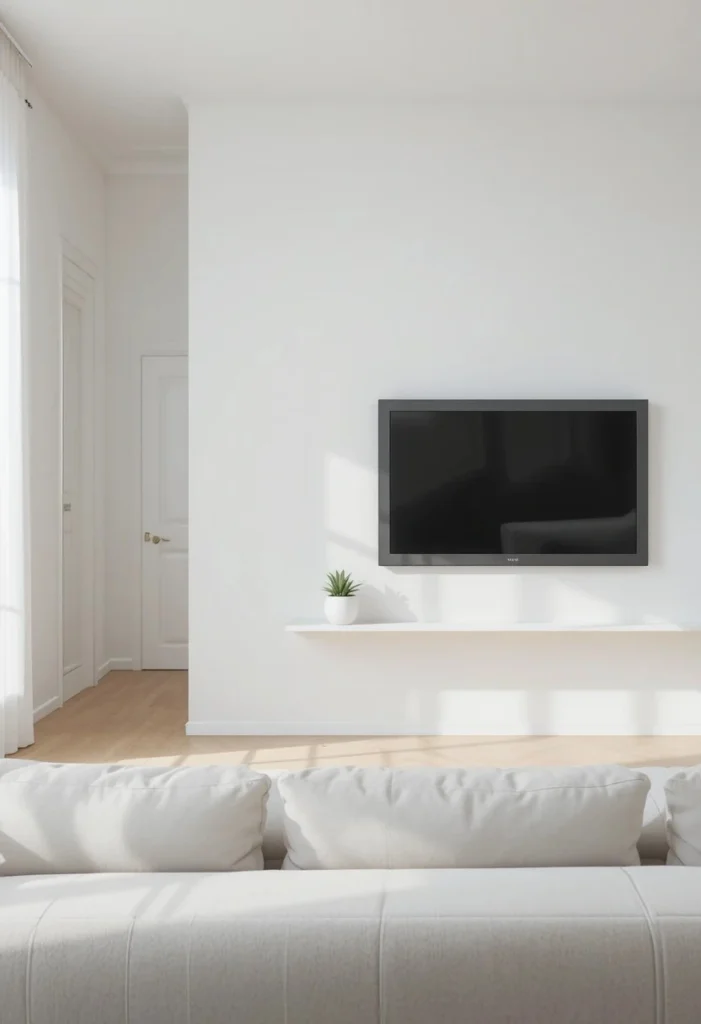 Minimalist white TV wall with hidden cables and single floating shelf in a clean bright serene living room
