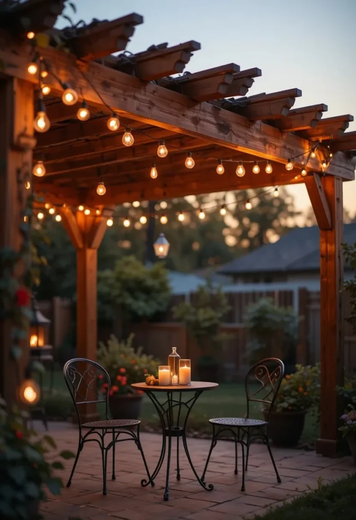  Cozy patio decorated with warm Edison string lights draped over a wooden pergola at evening time