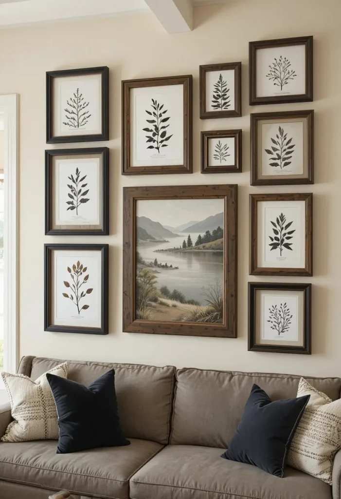 Farmhouse living room gallery wall with mismatched frames black and white botanical prints typography signs and vintage landscape art
