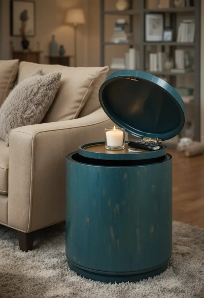  A teal drum side table with open hidden storage beside a beige sofa with a gold tray candle and remote on top.