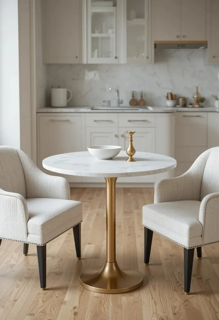 Round marble top pedestal table with brass base and white boucle chairs in a minimal elegant small kitchen
