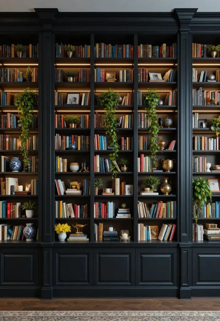 Black floor to ceiling built in bookshelves with books plants candles and warm LED shelf lighting