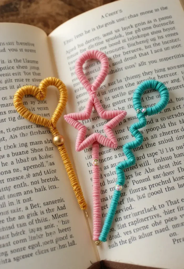 Three colorful pipe cleaner bookmarks in heart star and spiral shapes with small beads resting on an open book in warm soft light.

