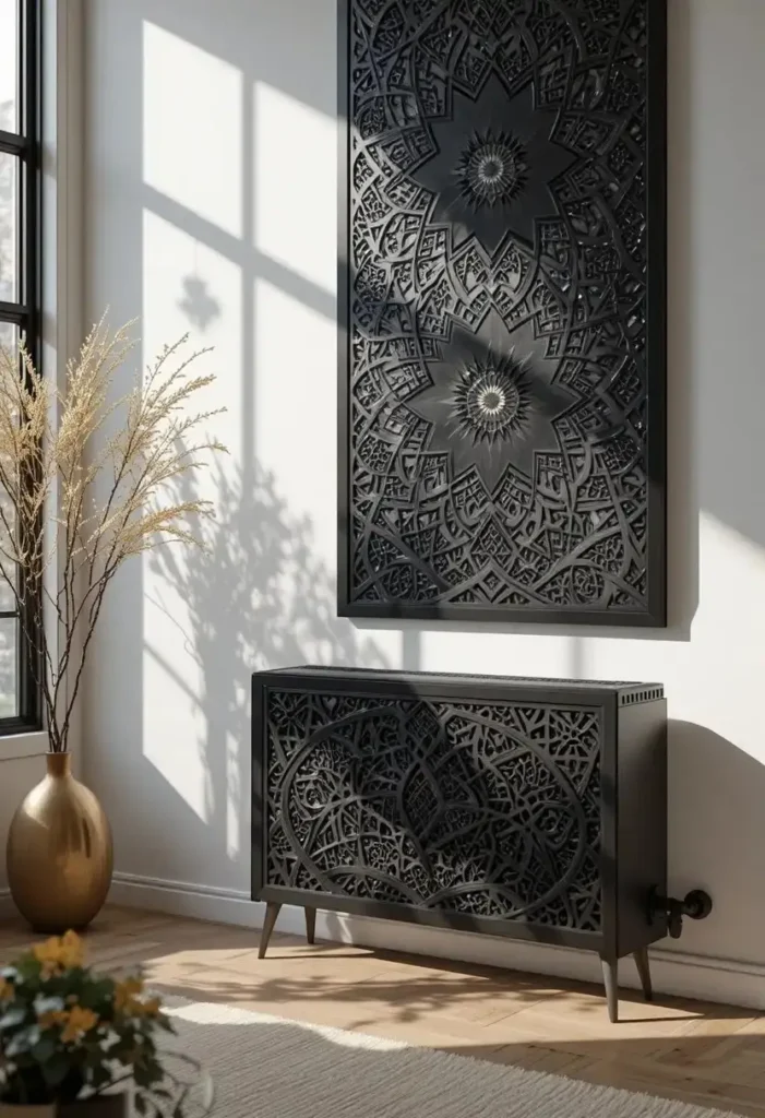  Bench style radiator cover with a sage green cushion in a bright welcoming hallway entrance
