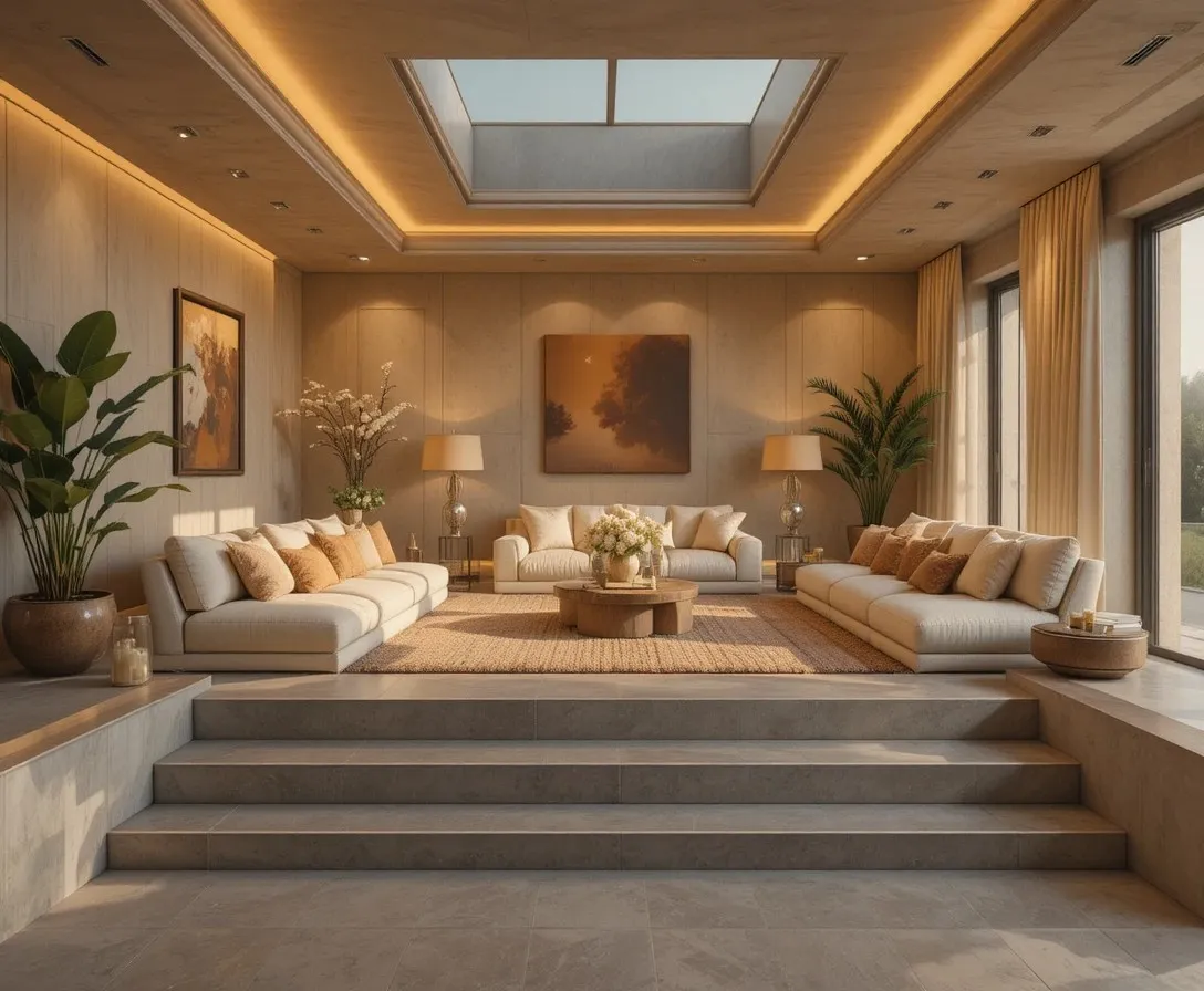 A warm and inviting sunken living room with soft lighting and plush seating creating a cozy retreat feel