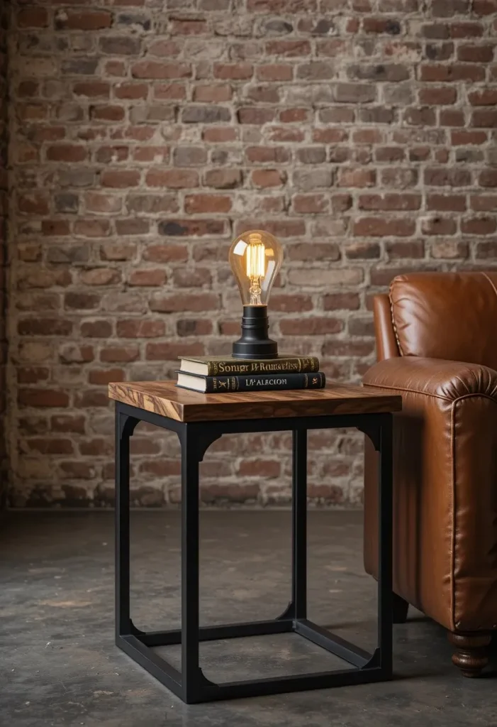 An industrial black metal and wood side table beside a leather sofa with an Edison lamp and books in an urban living room.