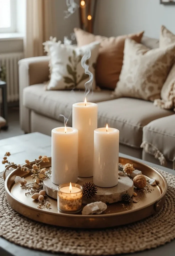  Boho living room coffee table styled with pillar candles incense holder dried botanicals and crystal on vintage brass tray