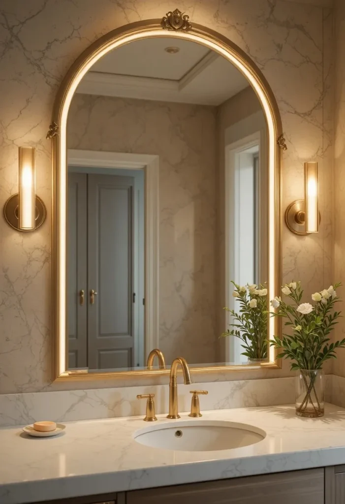 Oversized arch mirror with brass frame and warm wall sconces above white vanity in a spa like bathroom
