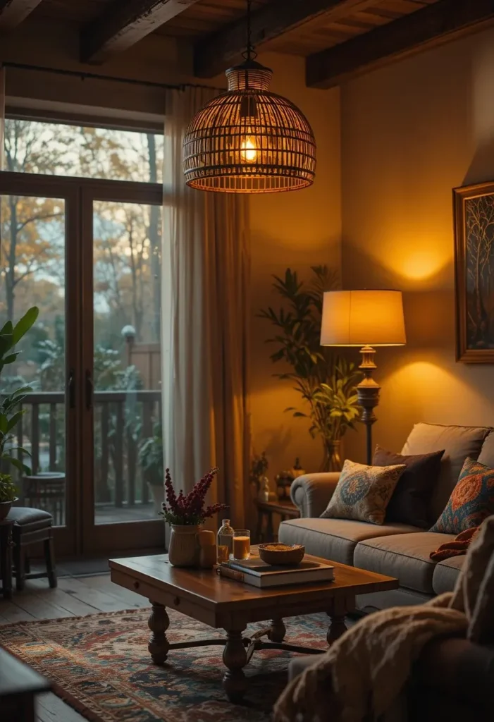 Warm golden lighting creating a cozy and inviting living room ambiance.
