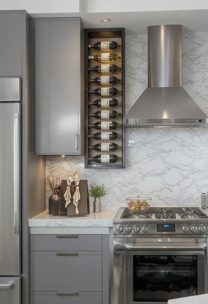 Kitchen backsplash wine rack mounted above a countertop for convenient bottle storage.
