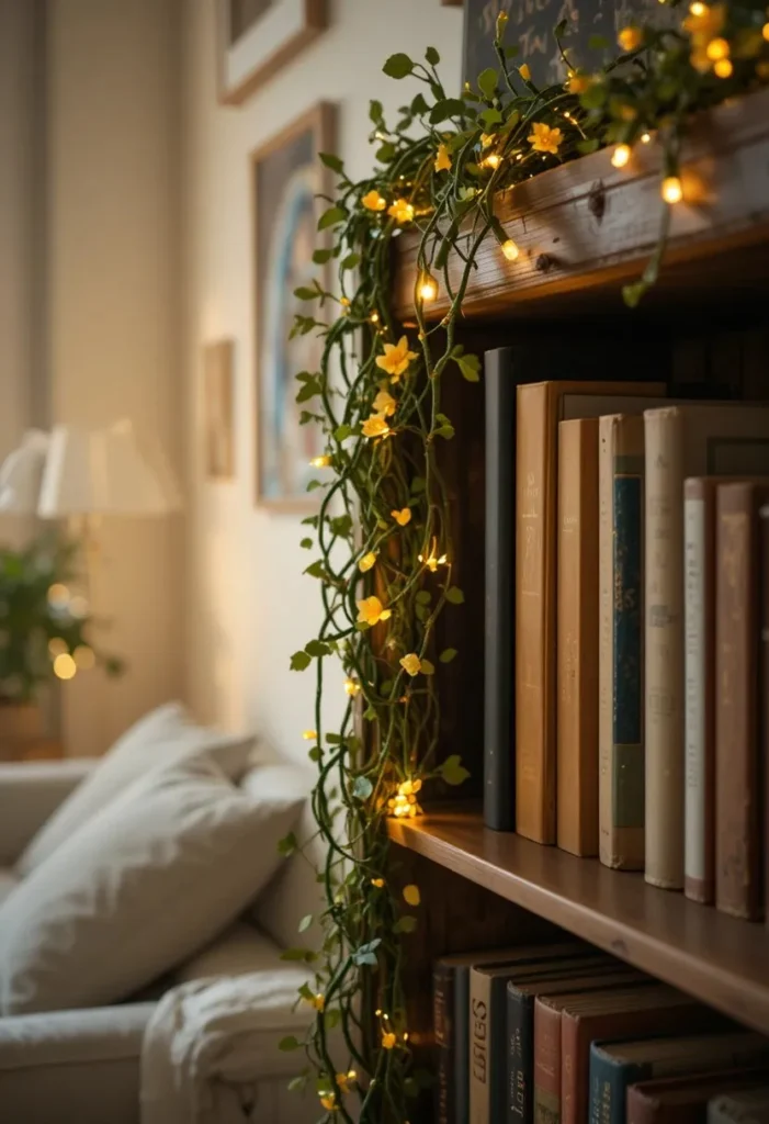 Handmade green pipe cleaner vine garland with tiny leaves and yellow flowers draped along a bookshelf edge with warm fairy lights in a cozy living room.