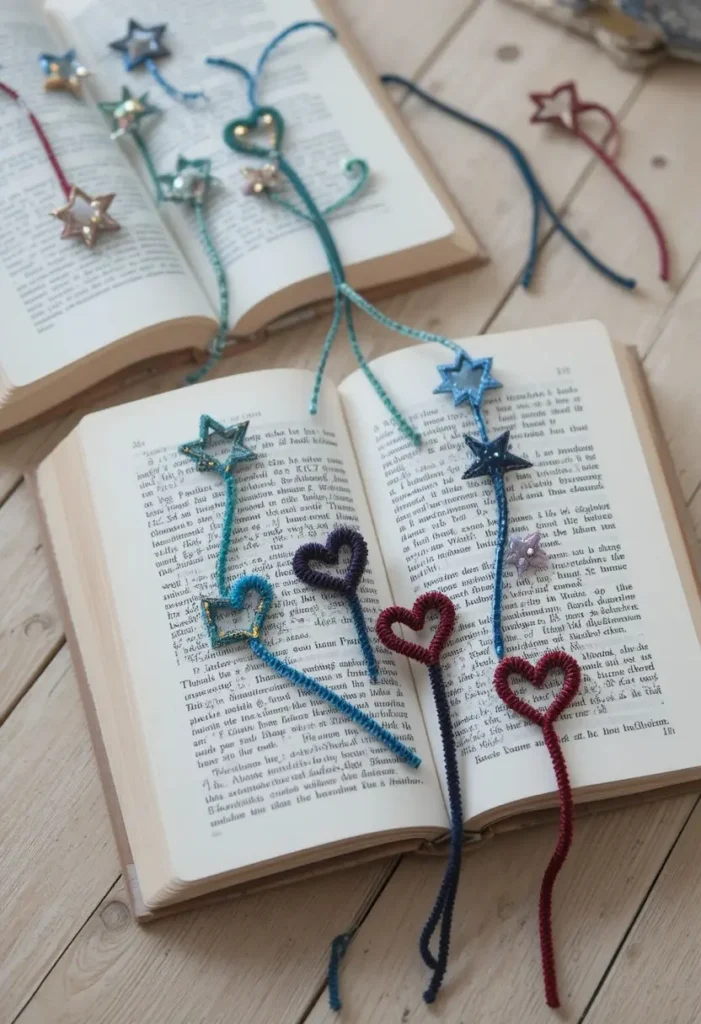 Colorful handmade pipe cleaner bookmarks in jewel tones shaped like hearts and stars resting on open books