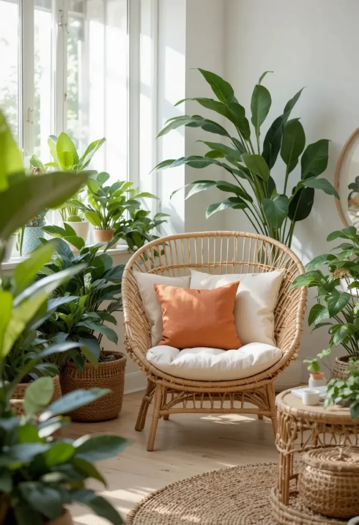 "Natural rattan accent chair in a boho living room surrounded by plants and linen cushions"