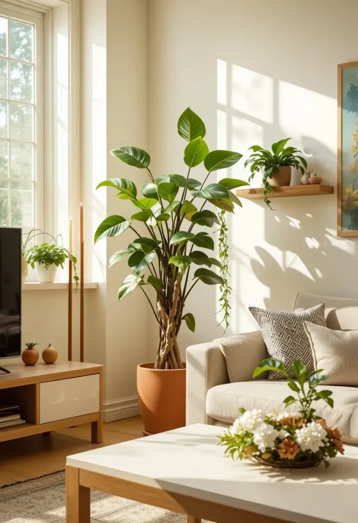 Bright apartment living room with fiddle leaf fig pothos and snake plant adding greenery texture and life to a small neutral living space.

