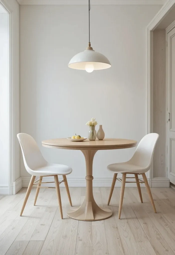 Round pedestal dining table in a small dining room with white chairs and a pendant light for an open airy feel.
