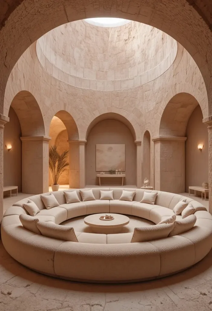  Rounded sunken living room with curved cream boucle sectional sofa and soft dusty rose plaster walls