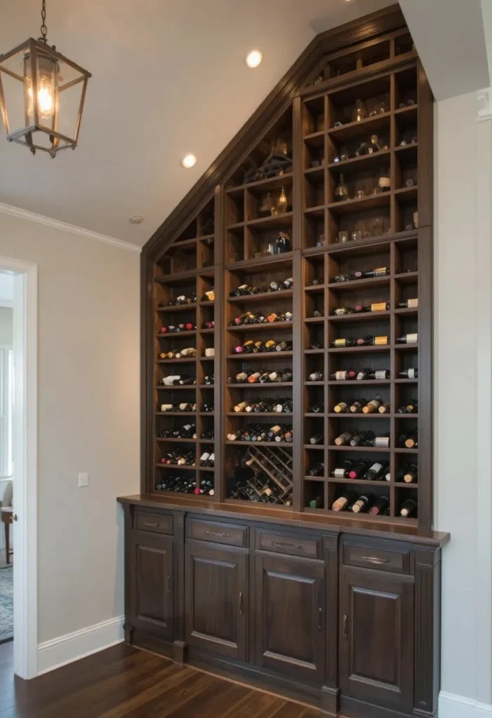 Under staircase wine storage wall with built-in racks and warm accent lighting.
