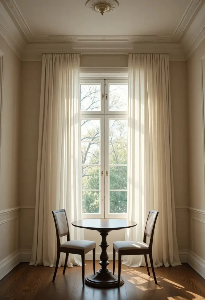 A small dining room with floor-to-ceiling sheer white linen curtains mounted just below the ceiling, framing a bright window. A round dining table with two slim chairs sits in front. Warm afternoon light filters softly through the curtains. Elegant, airy, and tall-feeling interior.
