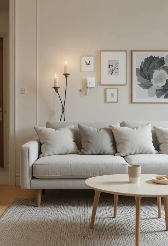 Small apartment living room with a perfectly scaled low-profile grey linen sofa on wooden legs showing ideal furniture proportion for tiny spaces.