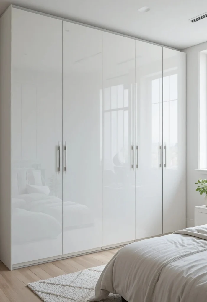 Glossy white wardrobe giving a bright and modern bedroom feel