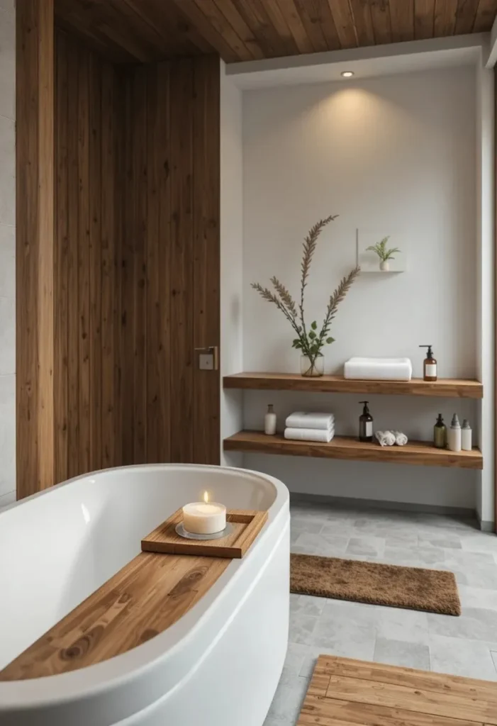 Natural wood accents including teak bath mat bamboo tray and wooden shelf in a spa like bathroom with stone tiles
