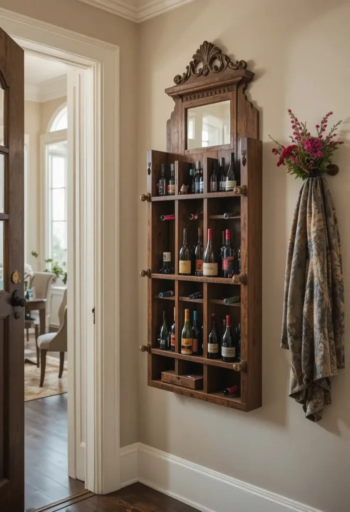 Entryway wine display wall with wooden rack, mirror, and decorative accents.