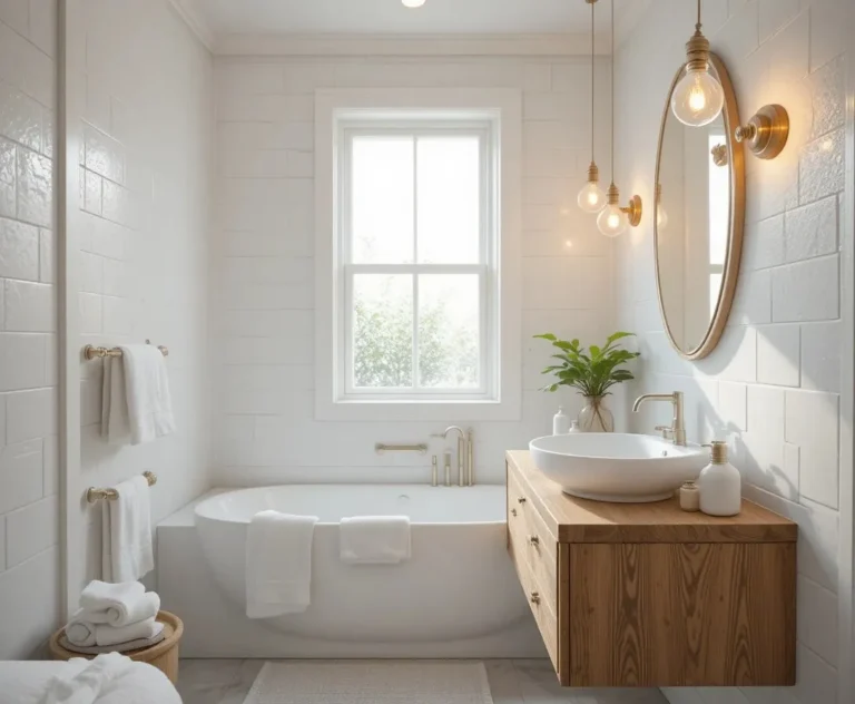 Small full bathroom ideas with white walls, floating vanity, warm lighting, and green plant decor