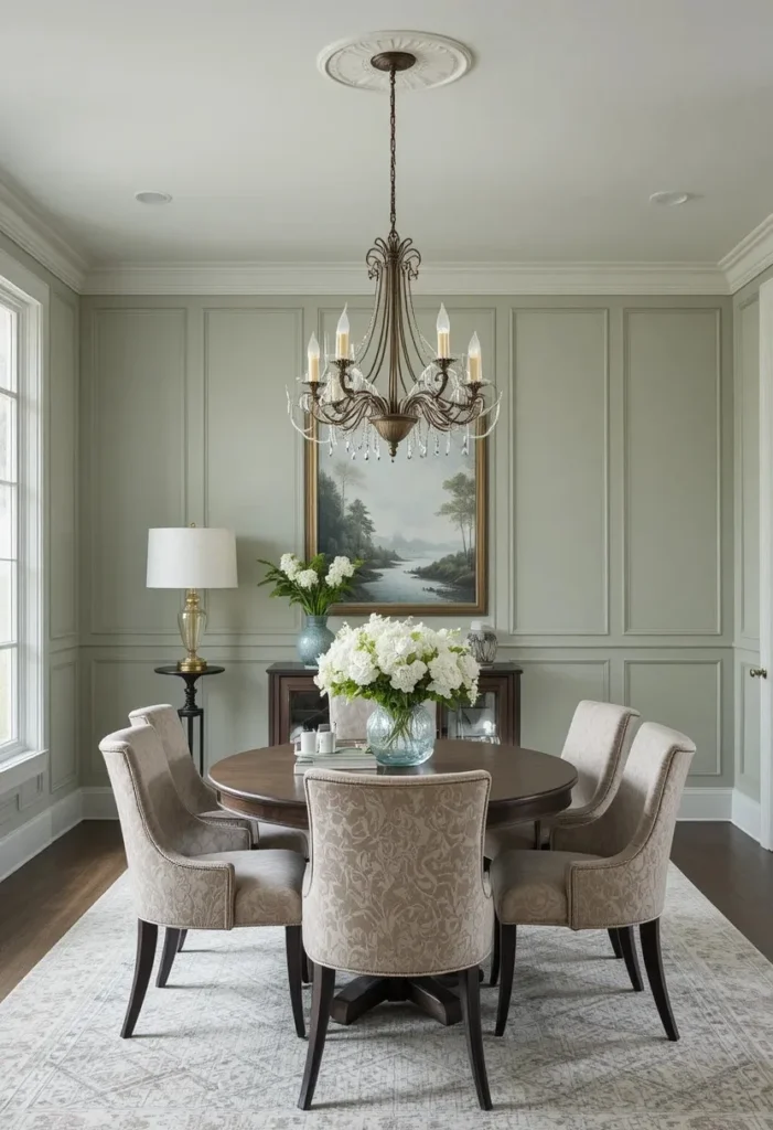 Board and batten accent wall creating architectural interest in a dining room.
