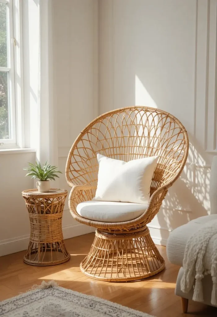 Rattan peacock chair with cream cushion in a boho living room corner styled with wicker side table and succulent