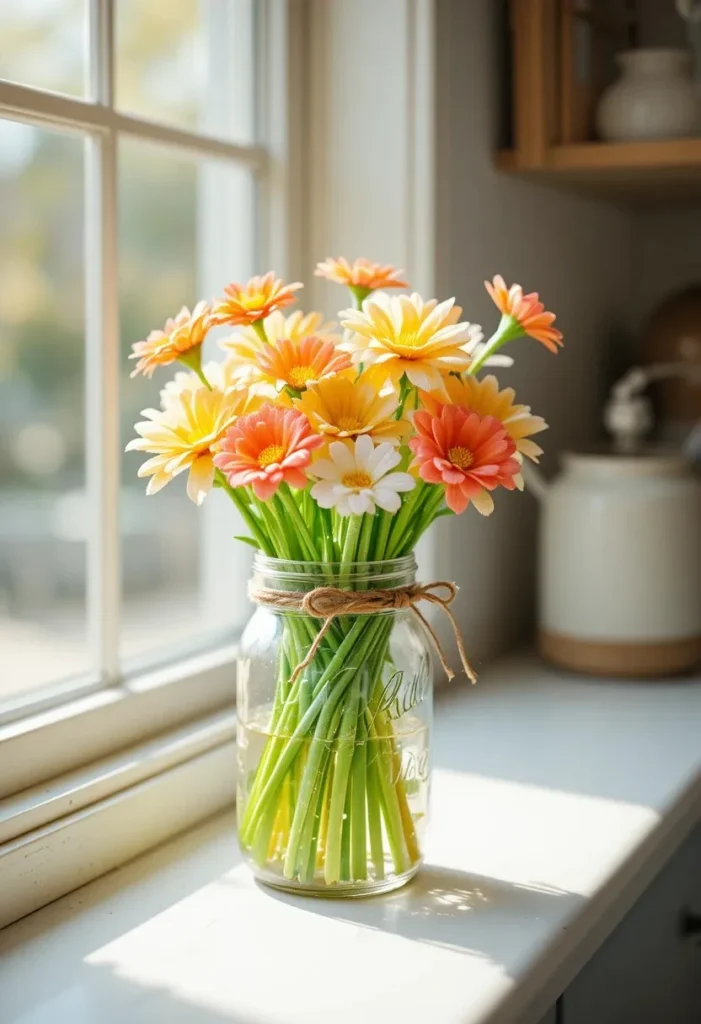Handmade pipe cleaner flowers in yellow coral and white arranged in a twine wrapped mason jar on a sunny kitchen windowsill.
