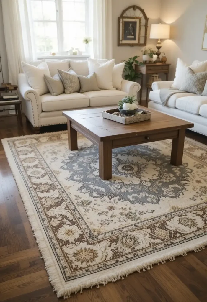 Farmhouse living room with layered jute rug and vintage distressed pattern rug under cream sofa and reclaimed wood coffee table
