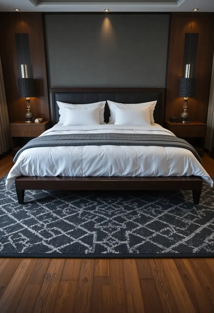 Men bedroom with large dark geometric rug under bed adding warmth and definition