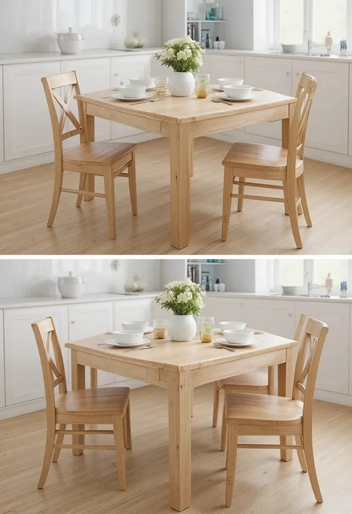 Light ash wood extendable kitchen table shown compact for two and expanded for six in a bright white small kitchen
