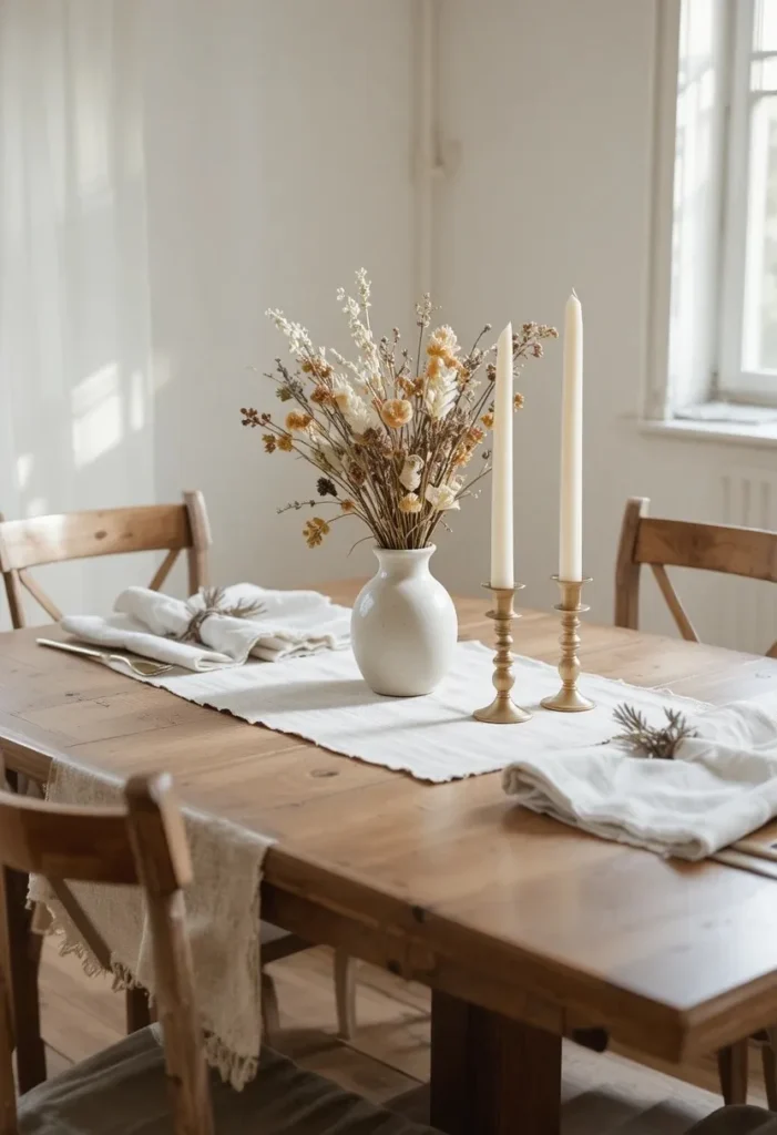 Magazine-style small dining room table styled with a linen runner, dried wildflowers, brass taper candles, and linen napkins.