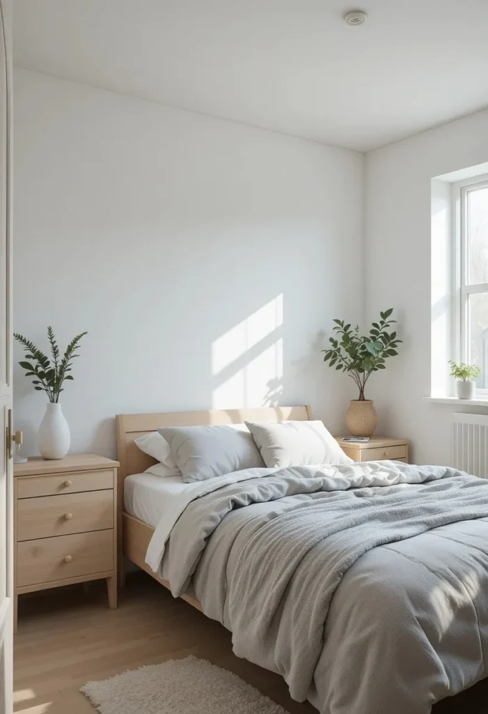 Minimalist Scandinavian teen bedroom with white walls and light wood furniture
