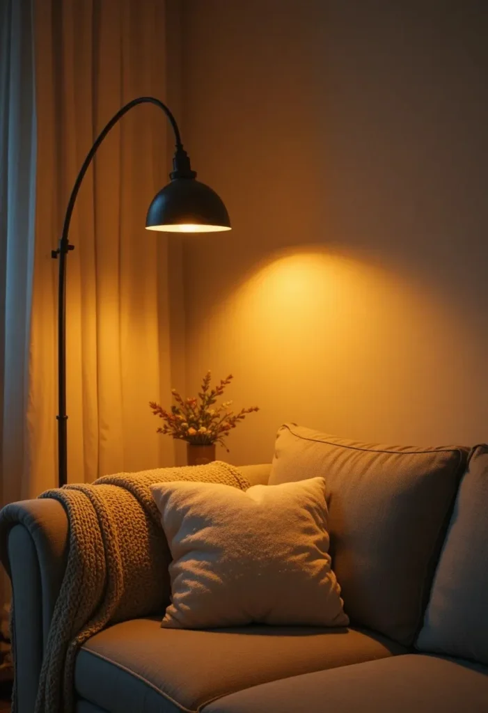 Grey couch living room with warm ambient lighting from arc floor lamp and table lamp creating cozy evening glow