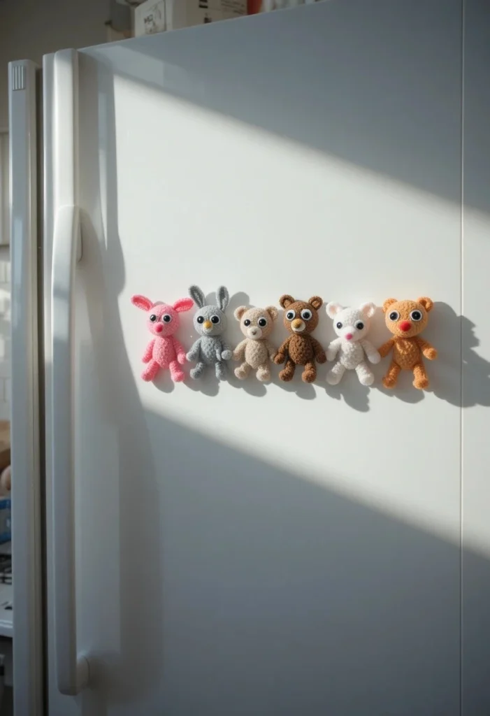 Tiny handmade pipe cleaner animal magnets including a cat bunny dog and bear with googly eyes displayed on a white refrigerator door.
