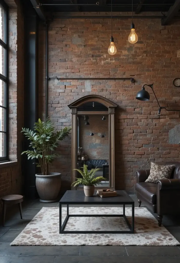 Black living room with exposed brick wall dark leather sofa steel coffee table and Edison pendant lights
