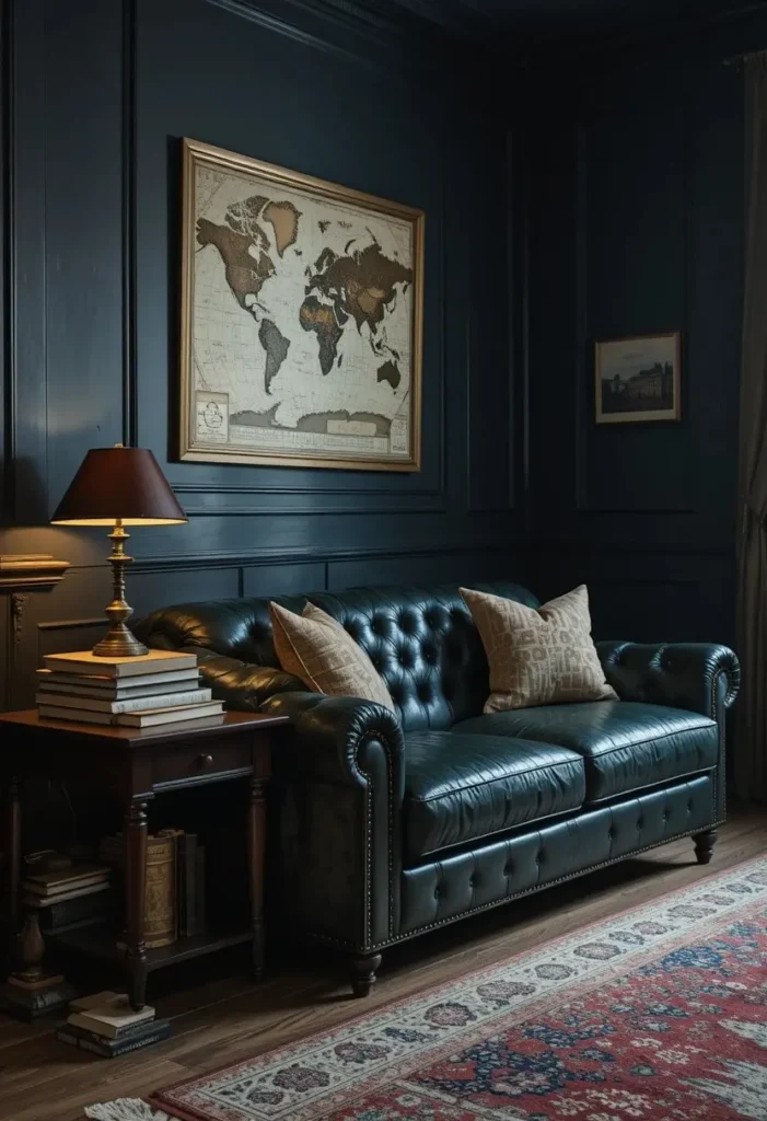 Green leather couch in a dark academia living room with charcoal walls vintage books and brass lamp creating a moody atmosphere