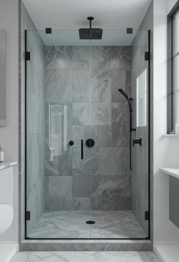Frameless glass shower panel in small full bathroom with marble tiles and matte black fixtures