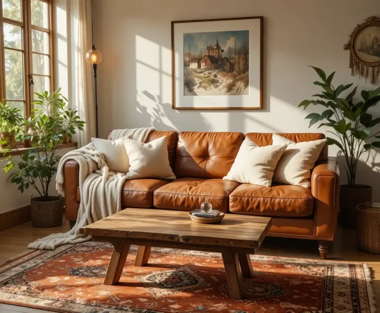 Brown couch living room ideas with cream pillows chunky knit throw rust orange rug indoor plants and warm golden lighting