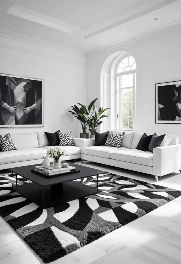 Black and white living room with geometric rug patterned cushions and framed art prints
