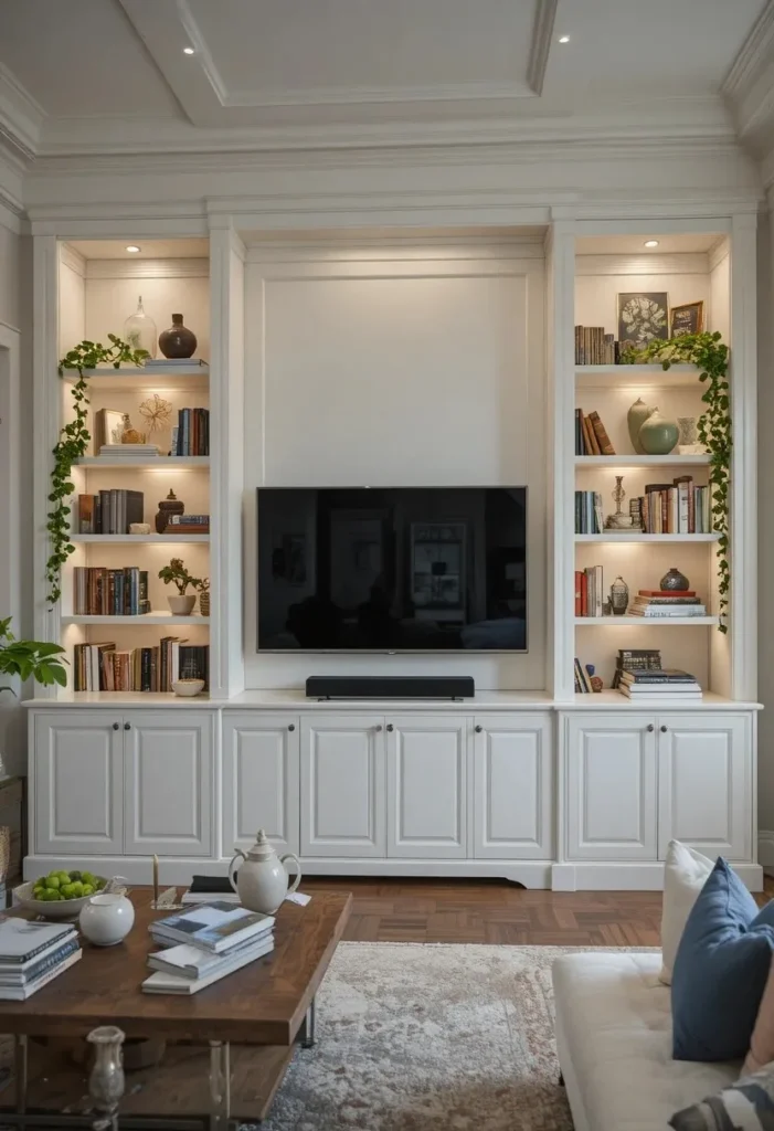 White built-in entertainment center with shelves and cabinets around a wall mounted TV in a living room