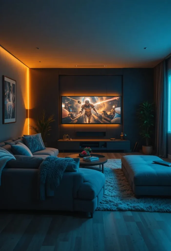 Warm LED bias lighting glowing behind a wall mounted TV in a cozy modern living room at night