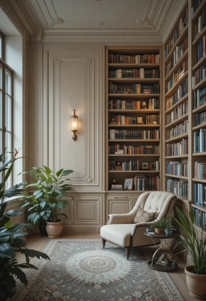 Built-in bookcase wall paneling providing storage and visual appeal.
